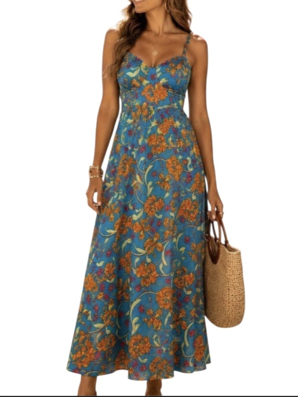 Sofia Vergara Carlie Slip Iris Tropicana Teal Floral Cottagecore Midi Dress M